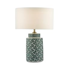 Reese 1 Light E27 Green & Blue Print Ceramic Table Lamp With Inline Switch C/W Pyramid White Linen 35cm Drum Shade