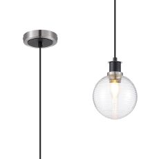 Salas 1.3m Pendant, 1 Light E14 With 15cm Round Ribbed Glass Shade, Satin Nickel, Clear & Satin Black