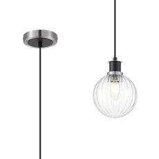 Salas 1.3m Pendant, 1 Light E14 With 15cm Round Segment Glass Shade, Satin Nickel, Clear & Satin Black