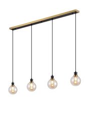 Salas 1.3m Linear Pendant, 4 Light E14 With 15cm Round Glass Shade, Brass, Amber Plated & Satin Black