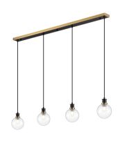 Salas 1.3m Linear Pendant, 4 Light E14 With 15cm Round Segment Glass Shade, Brass, Clear & Satin Black