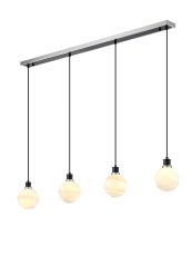 Salas 1.3m Linear Pendant, 4 Light E14 With 15cm Round White & Grey Marble Effect Glass Shade, Satin Nickel & Satin Black Framework