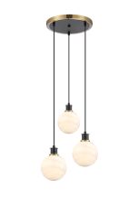 Salas 1.3m Round Pendant, 3 Light E14 With 15cm Round White & Grey Marble Effect Glass Shade, Brass & Satin Black Framework