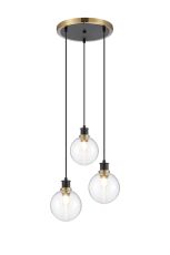 Salas 1.3m Round Pendant, 3 Light E14 With 15cm Round Ribbed Glass Shade, Brass, Clear & Satin Black
