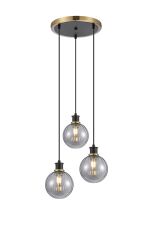 Salas 1.3m Round Pendant, 3 Light E14 With 15cm Round Segment Glass Shade, Brass, Smoke Plated & Satin Black