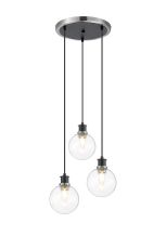 Salas 1.3m Round Pendant, 3 Light E14 With 15cm Round Glass Shade, Satin Nickel, Clear & Satin Black