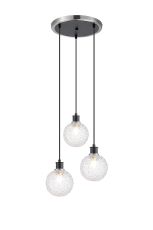 Salas 1.3m Round Pendant, 3 Light E14 With 15cm Round Textured Crumple Glass Shade, Satin Nickel, Clear & Satin Black