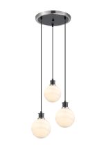 Salas 1.3m Round Pendant, 3 Light E14 With 15cm Round White & Grey Marble Effect Glass Shade, Satin Nickel & Satin Black Framework