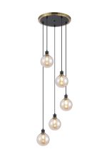 Salas 1.8m Round Pendant, 5 Light E14 With 15cm Round Glass Shade, Brass, Amber Plated & Satin Black