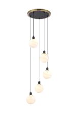 Salas 1.8m Round Pendant, 5 Light E14 With 15cm Round White & Grey Marble Effect Glass Shade, Brass & Satin Black Framework