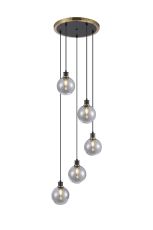 Salas 1.8m Round Pendant, 5 Light E14 With 15cm Round Glass Shade, Brass, Smoke Plated & Satin Black