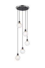 Salas 1.8m Round Pendant, 5 Light E14 With 15cm Round Textured Diamond Pattern Glass Shade, Satin Nickel, Clear & Satin Black