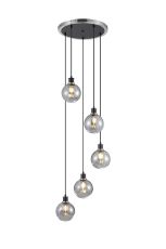 Salas 1.8m Round Pendant, 5 Light E14 With 15cm Round Segment Glass Shade, Satin Nickel, Smoke Plated & Satin Black