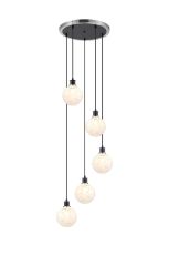 Salas 1.8m Round Pendant, 5 Light E14 With 15cm Round Speckled Glass Shade, Satin Nickel, White & Satin Black