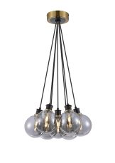 Salas 1.3m Round Cluster Pendant, 7 Light E14 With 15cm Round Glass Shade, Brass, Smoke Plated & Satin Black