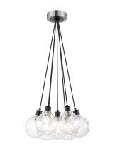 Salas 1.3m Round Cluster Pendant, 7 Light E14 With 15cm Round Crackled Glass Shade, Satin Nickel, Clear & Satin Black
