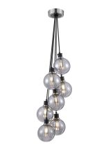 Salas 1.3m Round Cluster Pendant, 7 Light E14 With 15cm Round Segment Glass Shade, Satin Nickel, Smoke Plated & Satin Black