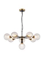 Salas Pendant, 8 Light E14 With 15cm Round Crackled Glass Shade, Brass, Clear & Satin Black