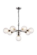 Salas Pendant, 8 Light E14 With 15cm Round Crackled Glass Shade, Satin Nickel, Clear & Satin Black