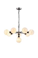 Salas Pendant, 8 Light E14 With 15cm Round White & Grey Marble Effect Glass Shade, Satin Nickel & Satin Black Framework