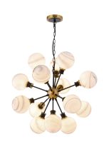 Salas Pendant, 14 Light E14 With 15cm Round White & Grey Marble Effect Glass Shade, Brass & Satin Black Framework