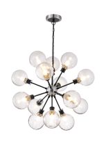 Salas Pendant, 14 Light E14 With 15cm Round Crackled Glass Shade, Satin Nickel, Clear & Satin Black