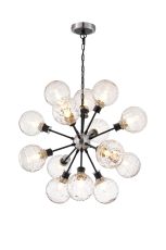 Salas Pendant, 14 Light E14 With 15cm Round Textured Melting Glass Shade, Satin Nickel, Clear & Satin Black