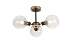 Salas Semi Ceiling, 3 Light E14 With 15cm Round Crackled Glass Shade, Brass, Clear & Satin Black