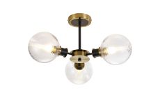 Salas Semi Ceiling, 3 Light E14 With 15cm Round Ribbed Glass Shade, Brass, Clear & Satin Black