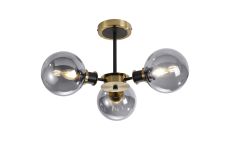 Salas Semi Ceiling, 3 Light E14 With 15cm Round Glass Shade, Brass, Smoke Plated & Satin Black