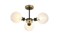 Salas Semi Ceiling, 3 Light E14 With 15cm Round Speckled Glass Shade, Brass, White & Satin Black