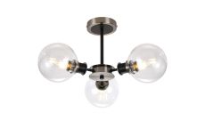 Salas Semi Ceiling, 3 Light E14 With 15cm Round Glass Shade, Satin Nickel, Clear & Satin Black