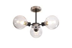 Salas Semi Ceiling, 3 Light E14 With 15cm Round Crackled Glass Shade, Satin Nickel, Clear & Satin Black