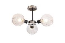 Salas Semi Ceiling, 3 Light E14 With 15cm Round Textured Crumple Glass Shade, Satin Nickel, Clear & Satin Black