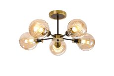 Salas Semi Ceiling, 5 Light E14 With 15cm Round Segment Glass Shade, Brass, Amber Plated & Satin Black