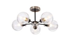 Salas Semi Ceiling, 5 Light E14 With 15cm Round Ribbed Glass Shade, Satin Nickel, Clear & Satin Black