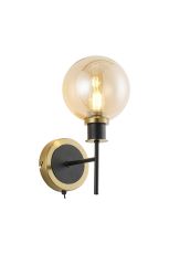 Salas Switched Wall Light, 1 Light E14 With 15cm Round Glass Shade, Brass, Amber Plated & Satin Black
