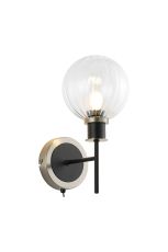 Salas Switched Wall Light, 1 Light E14 With 15cm Round Segment Glass Shade, Satin Nickel, Clear & Satin Black