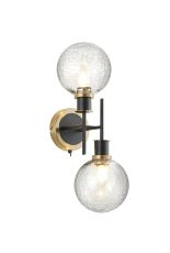 Salas Switched Wall Light, 2 Light E14 With 15cm Round Crackled Glass Shade, Brass, Clear & Satin Black