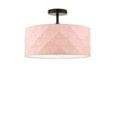 Riva 1 Light E27 Black Semi Flush Ceiling Fixture C/W Pink Cotton Drum Shade With Diamond Pattern Design & Complete With A Removable Diffuser