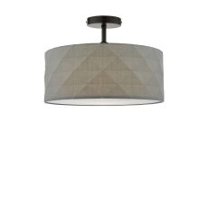 Riva 1 Light E27 Black Semi Flush Ceiling Fixture C/W Grey Cotton Drum Shade With Diamond Pattern Design & Complete With A Removable Diffuser
