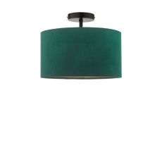 Riva 1 Light E27 Black Semi Flush Ceiling Fixture C/W Green Velvet Drum Shade With Self Coloured Cotton Lining