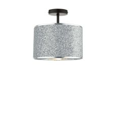 Riva 1 Light E27 Black Semi Flush Ceiling Fixture C/W Silver Flitter Finish Shade Shade With A Silver Inner