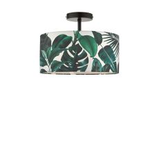 Riva 1 Light E27 Black Semi Flush Ceiling Fixture C/W Green Palm Print Drum Shade On A White Background Complete With A White Cotton Diffuser