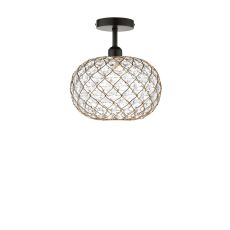 Riva 1 Light E27 Black Semi Flush Ceiling Fixture C/W Gold Finish Frame Shade With Faceted Acrylic Heptagonal Beads