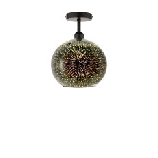 Riva 1 Light E27 Black Semi Flush Ceiling Fixture C/W Silver Mirror 3D Glass Globe Shade With Exploding Speckles Of Light
