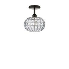 Riva 1 Light E27 Black Semi Flush Ceiling Fixture C/W Chrome Finish Frame Shade With Faceted Crystal Glass Sqaure Shaped Beads