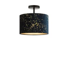 Riva 1 Light E27 Black Semi Flush Ceiling Fixture C/W Navy Blue Velvet Shade With Gold Speckle Pattern Finish