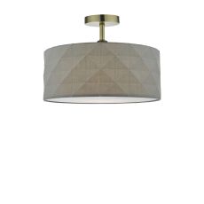 Riva 1 Light E27 Antique Brass Semi Flush Ceiling Fixture C/W Grey Cotton Drum Shade With Diamond Pattern Design & Complete With A Removable Diffuser