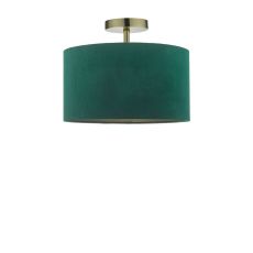 Riva 1 Light E27 Antique Brass Semi Flush Ceiling Fixture C/W Green Velvet Drum Shade With Self Coloured Cotton Lining